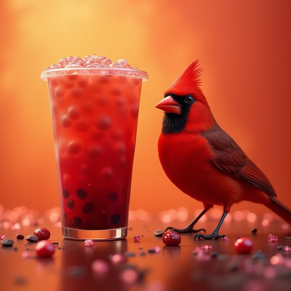 Red Boba Tea and Cardinal in Warm Gradient