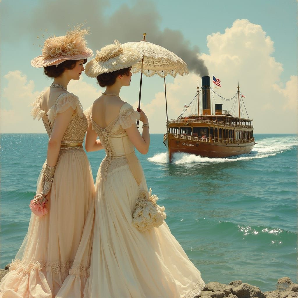 Edwardian Ladies Watch an Excursion Boat on Lake Michigan