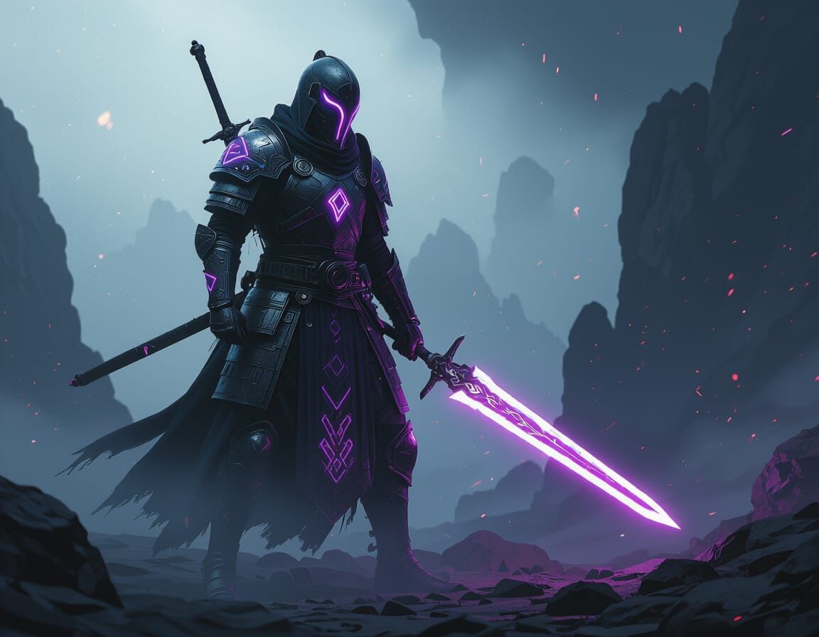 Cyberpunk Warrior Silhouette with Energy Sword and Shield