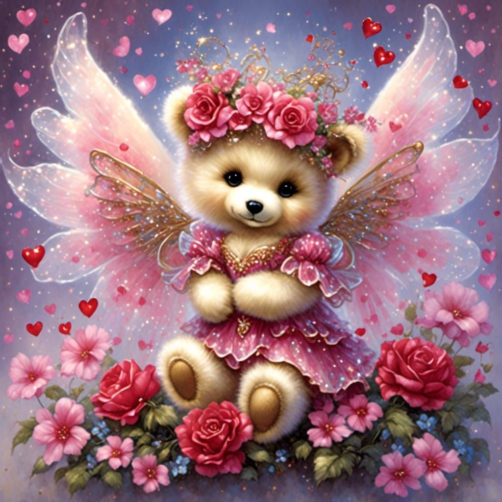 Valentine's Day Teddy Bear Fairy in Watercolor