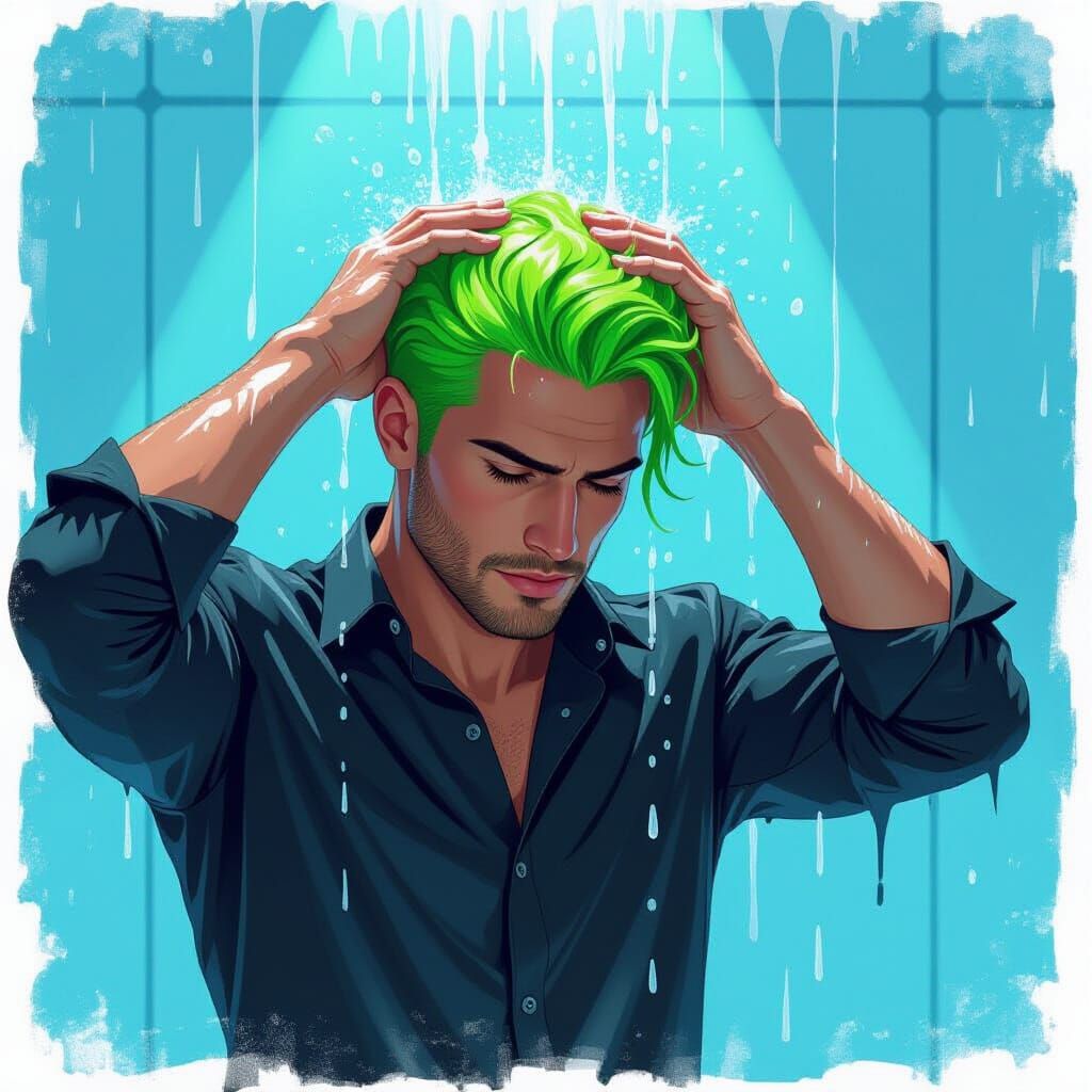 Man Washes Neon Green Hair in Futuristic Style
