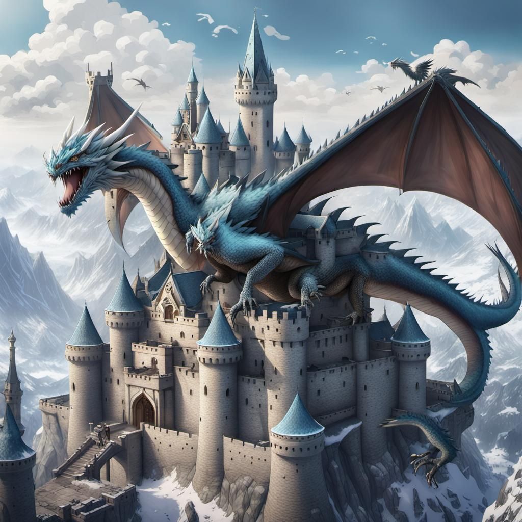 Ice Dragon Assault on Castle in Anime Style
