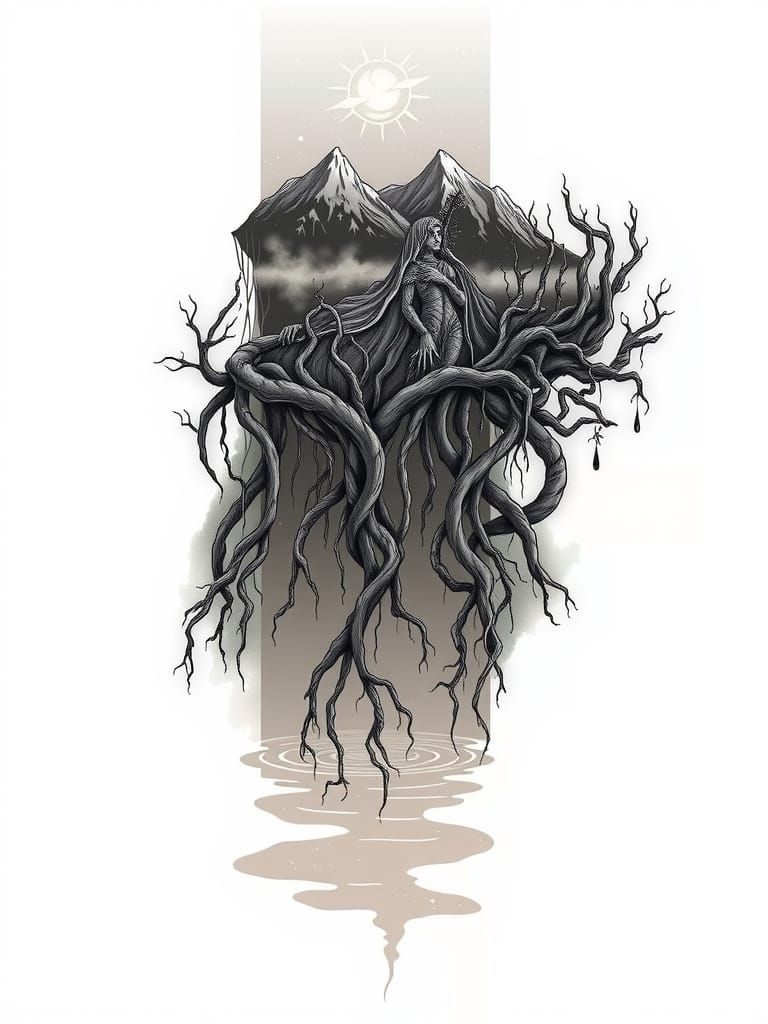 Mountains and Goddess Above Crystal Lake Tattoo Design