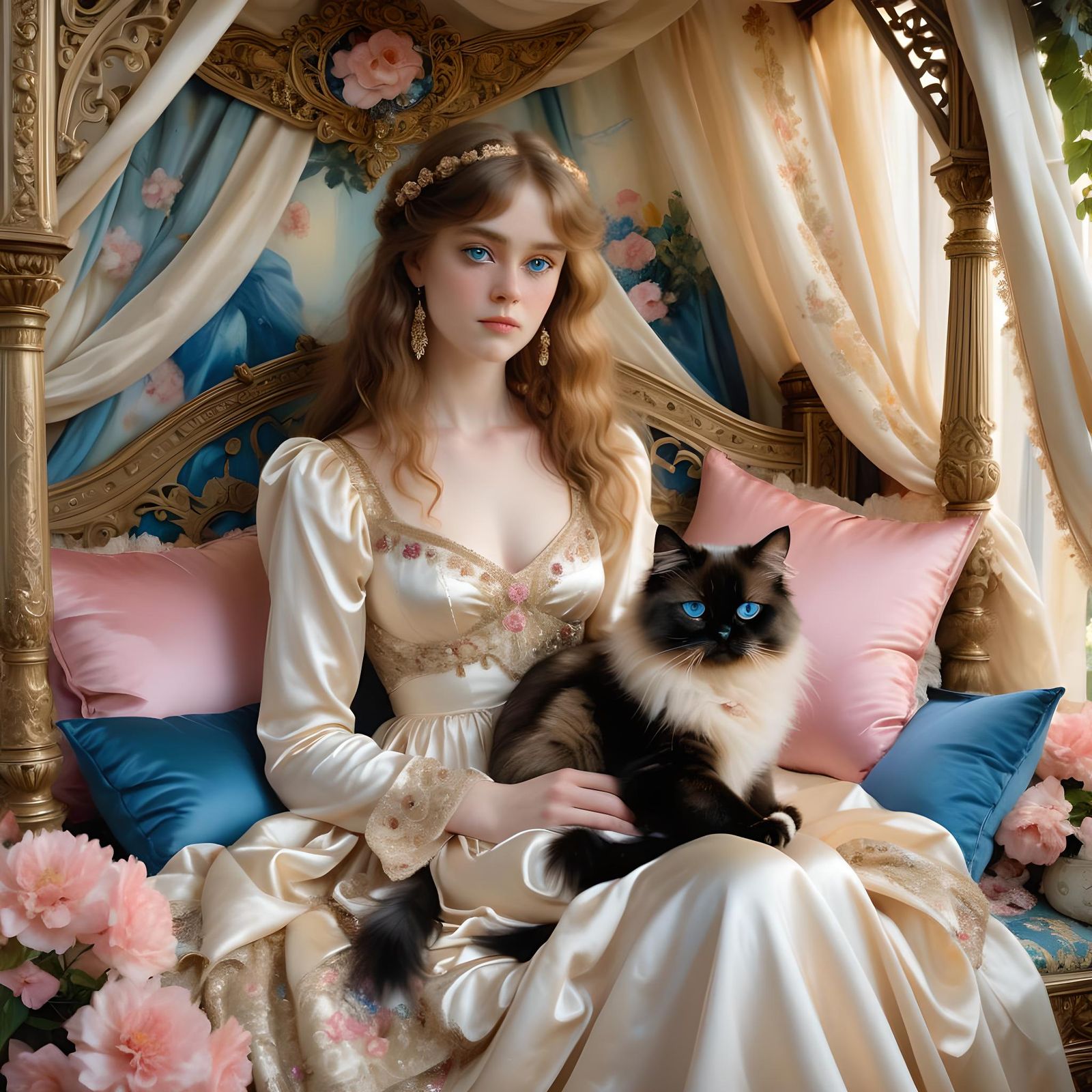 Woman with Himalayan Cat in Art Nouveau Style