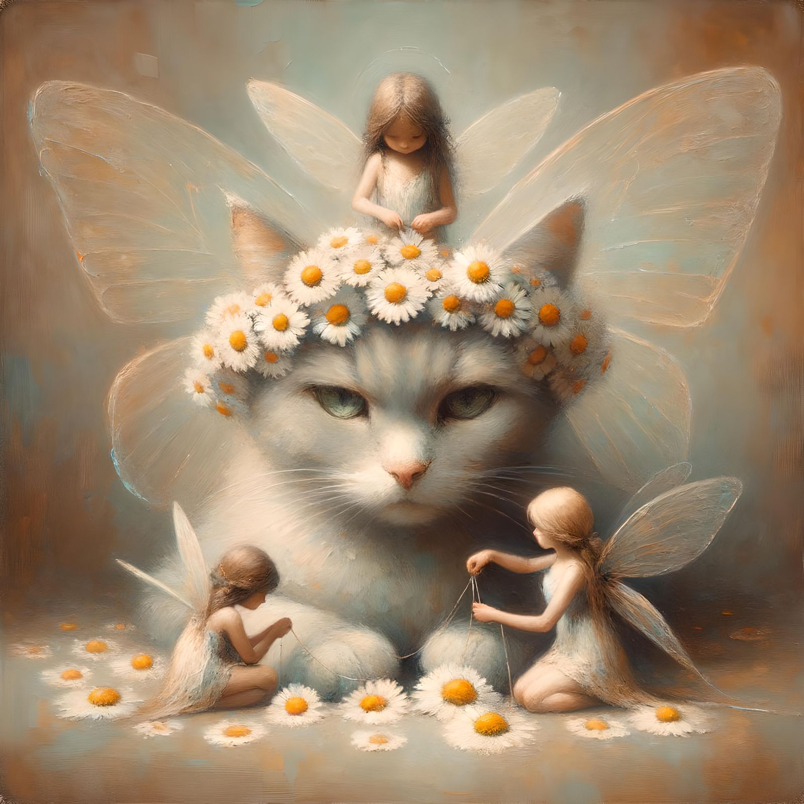 Fairies Weaving Daisy Crown for Cat: Oil Painting