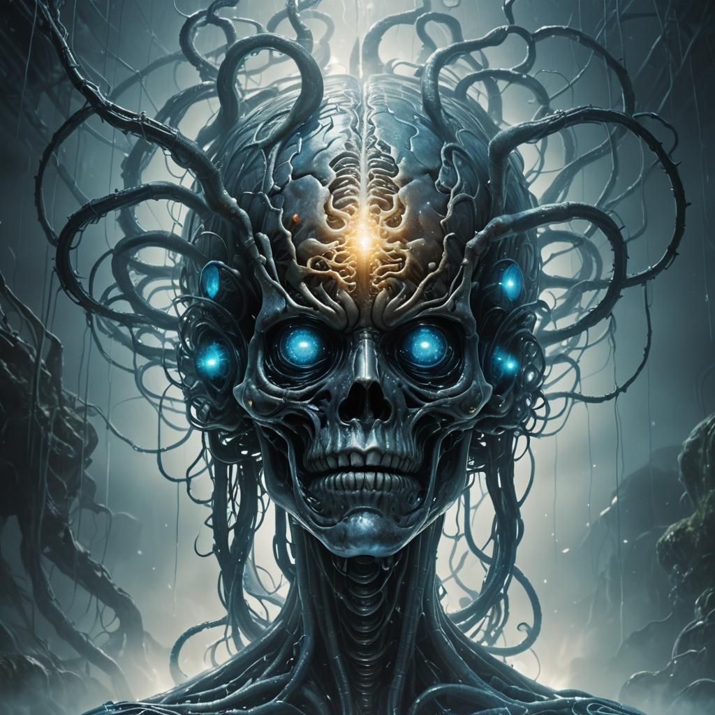 Eerie Bioluminescent Brain in Dark Fantasy Landscape