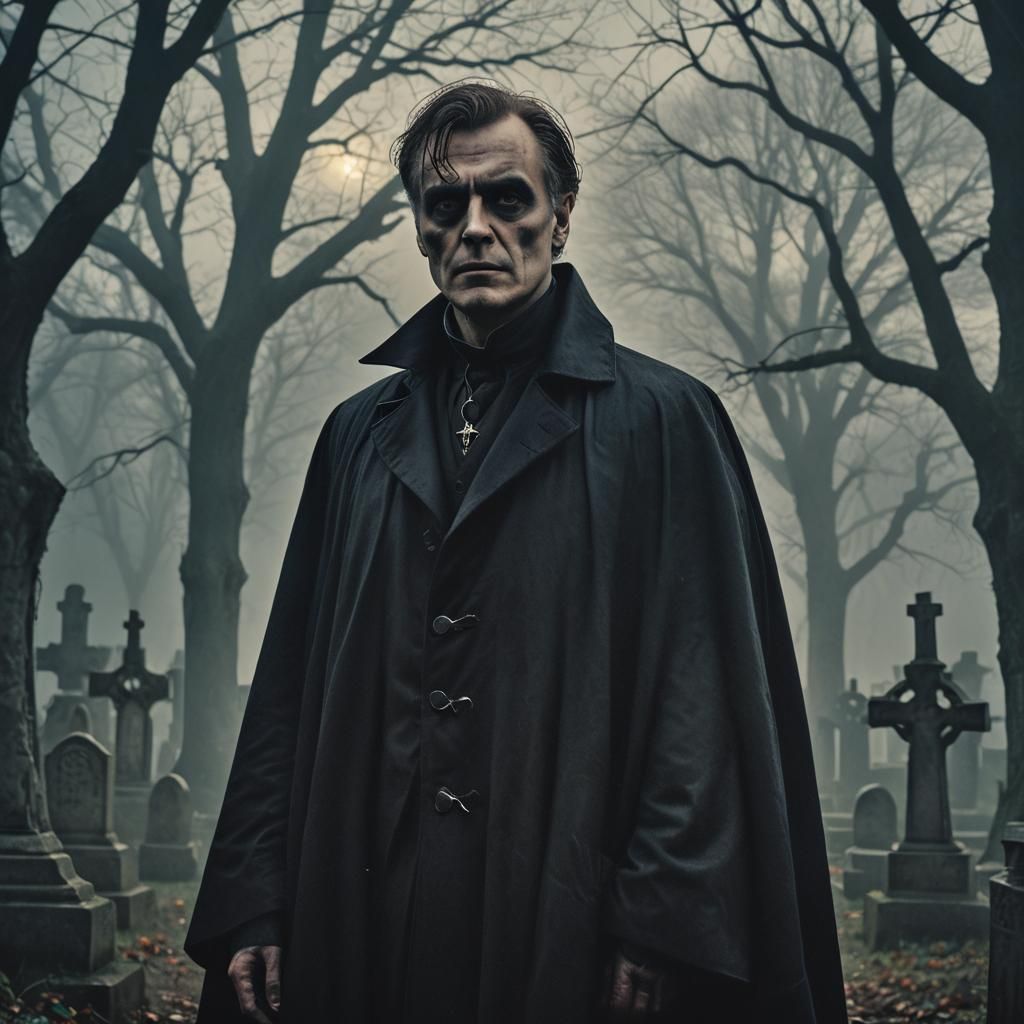 Gothic Surrealist Portrait of Bat Morthall in Graveyard