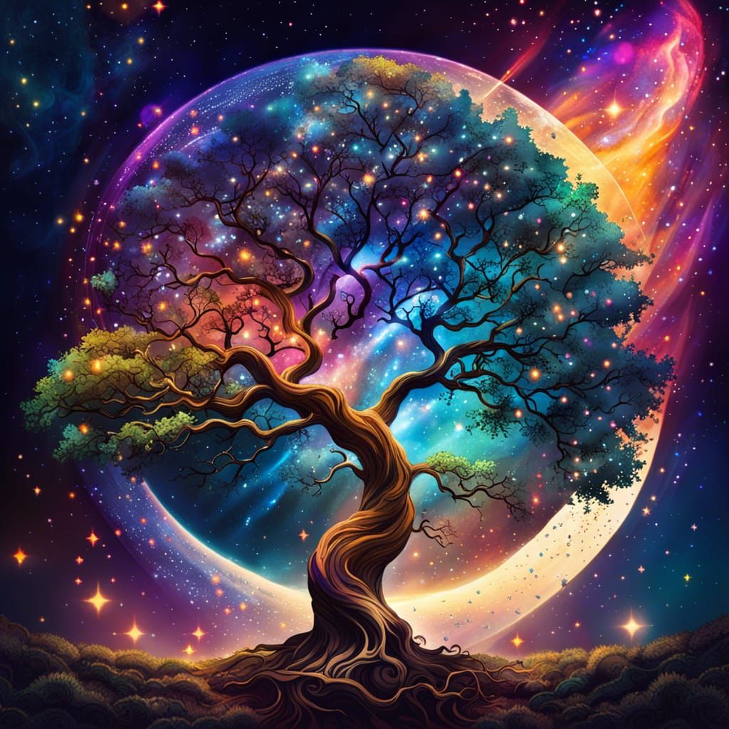 Rainbow Cloud Tree on Star Nebula, Digital Painting