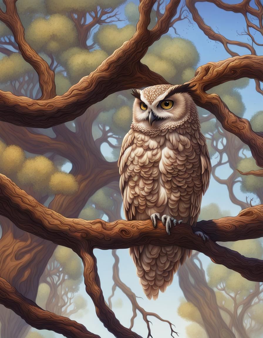 Hyperrealistic Owl Perched in Mesquite Tree