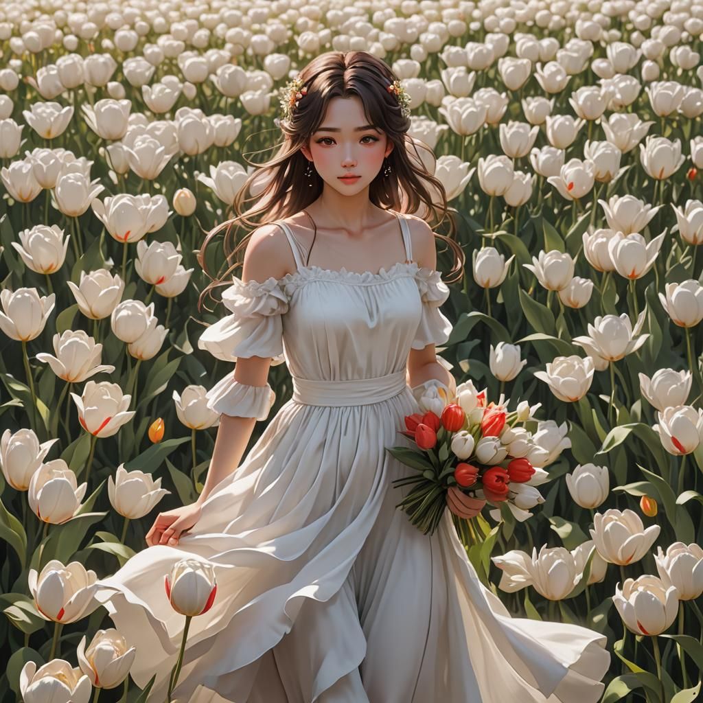 Anime Girl in Rose Field with Tulips