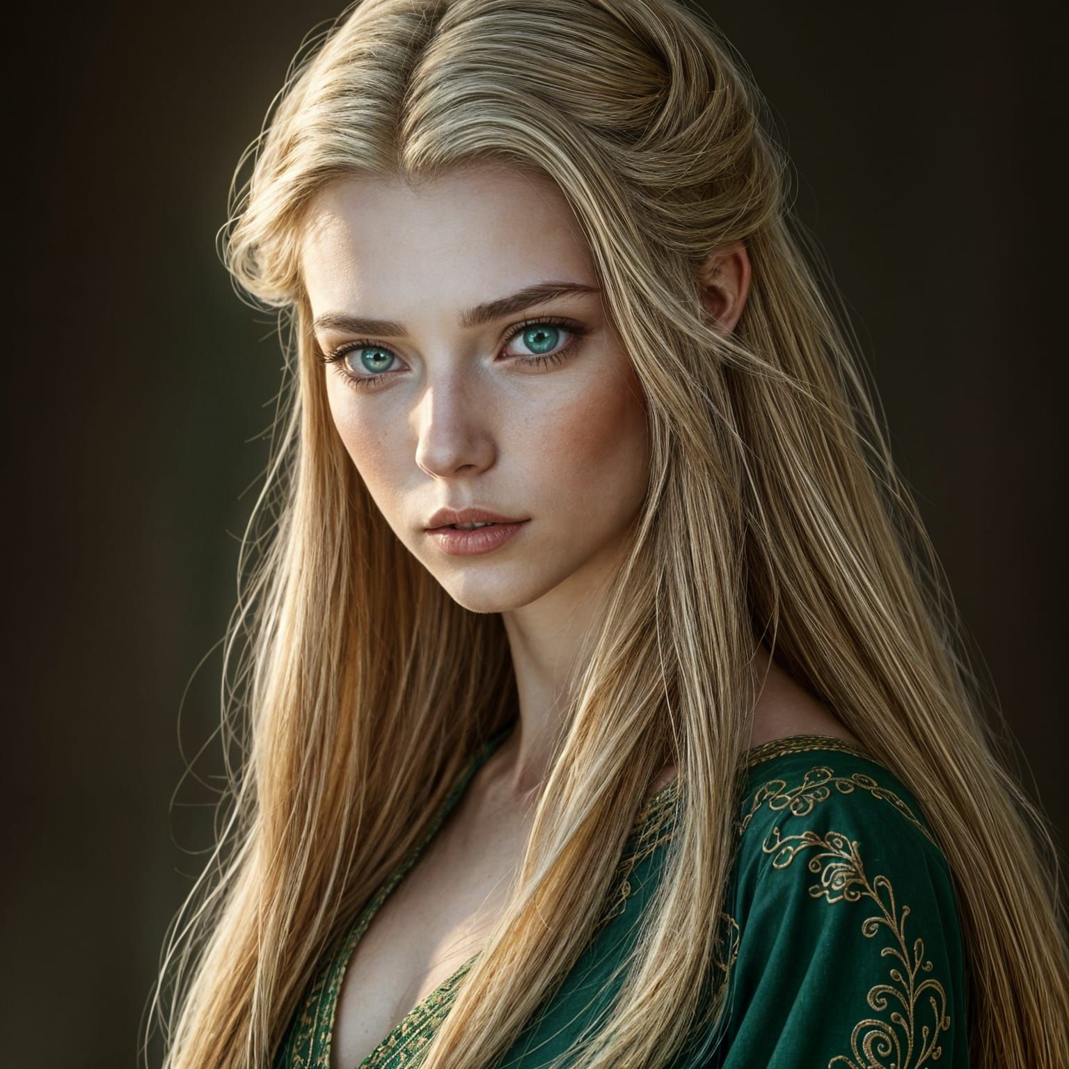 Ethereal Noble Maiden in Emerald Hues