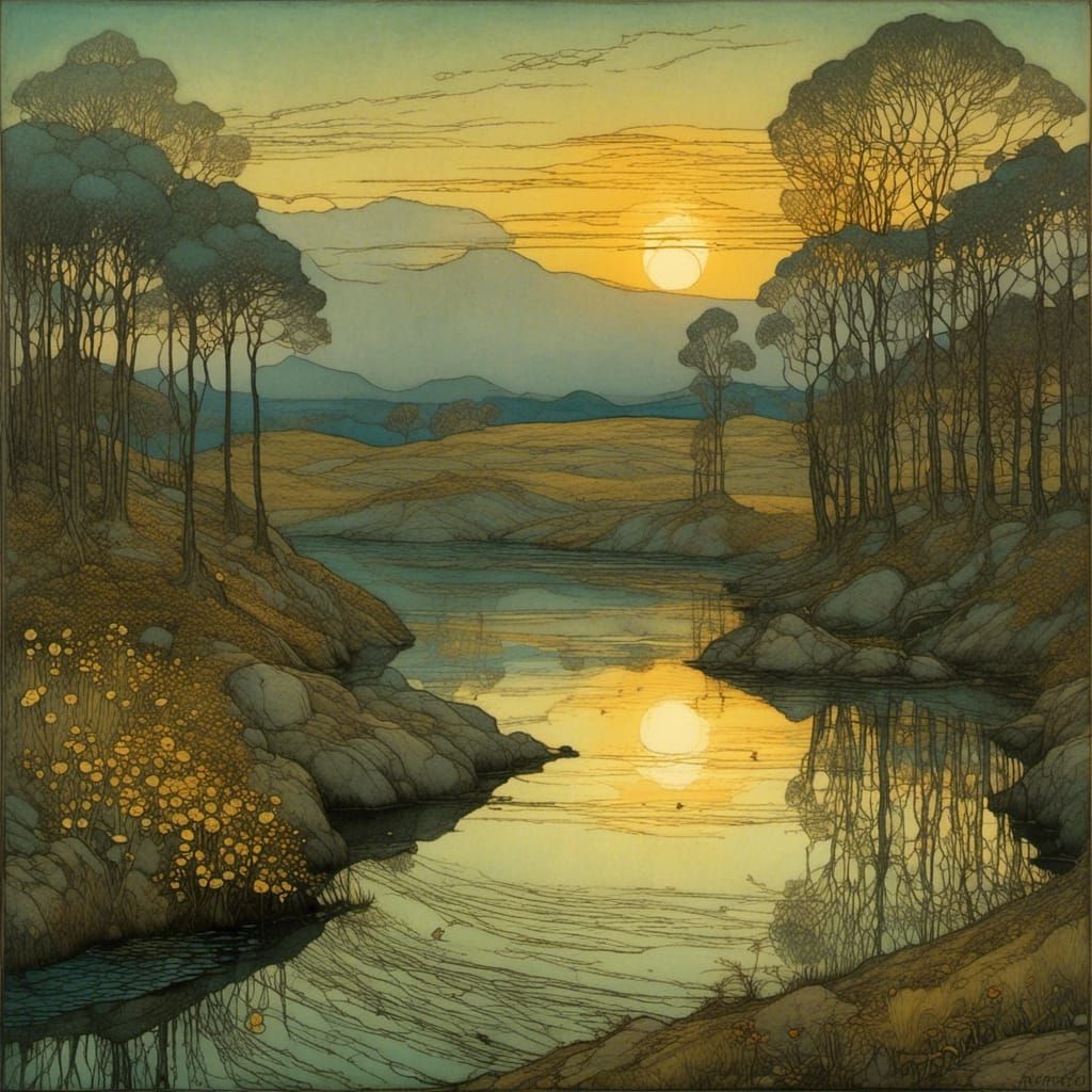 Golden Sunset Landscape with Intricate Details