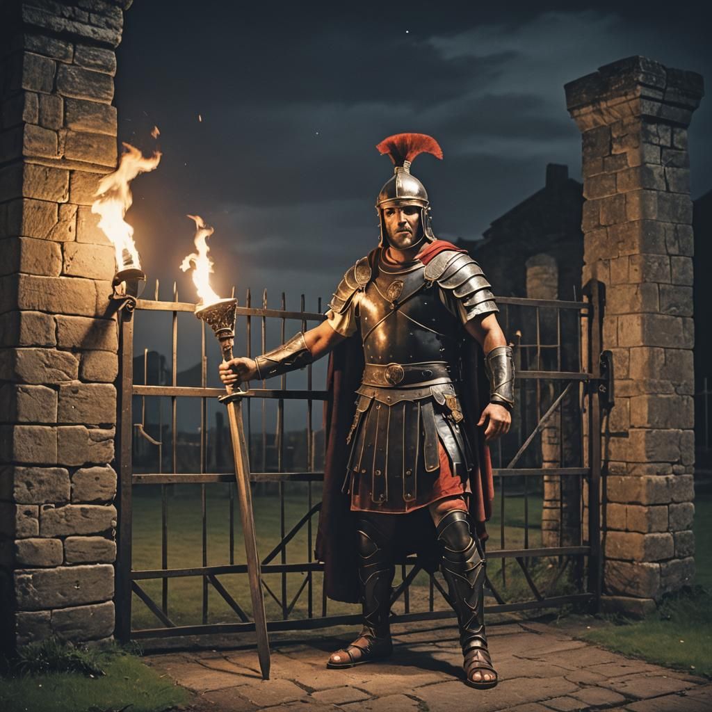 Roman Gladiator at Fort Gate Under Torchlight