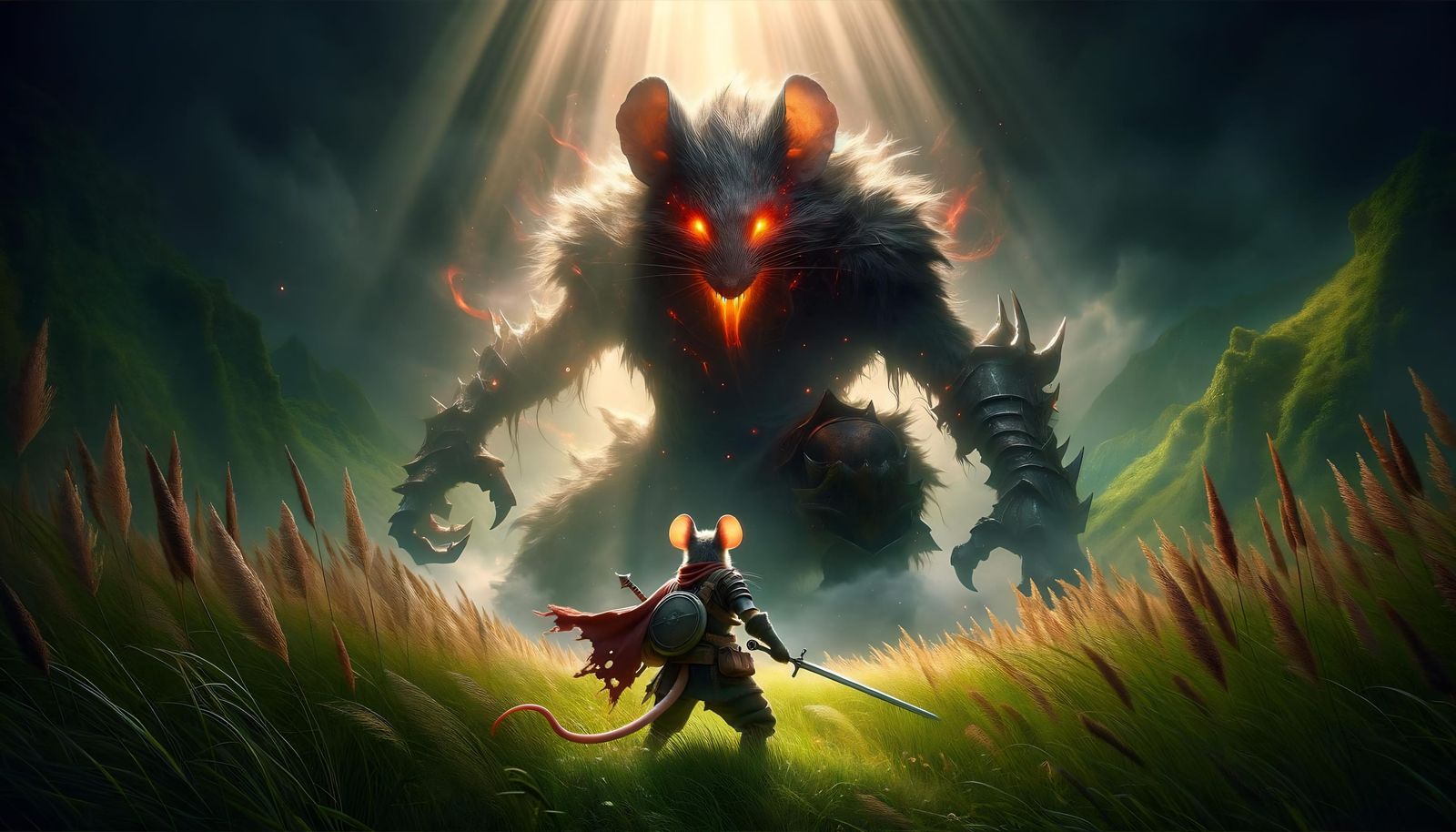 Mouse Adventurer Battles Colossal Beast in Meadow