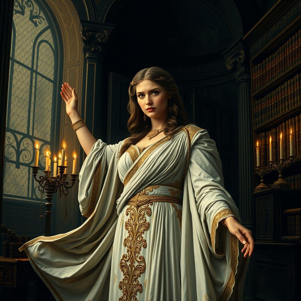 Mysterious Goddess in a Dark Renaissance Library