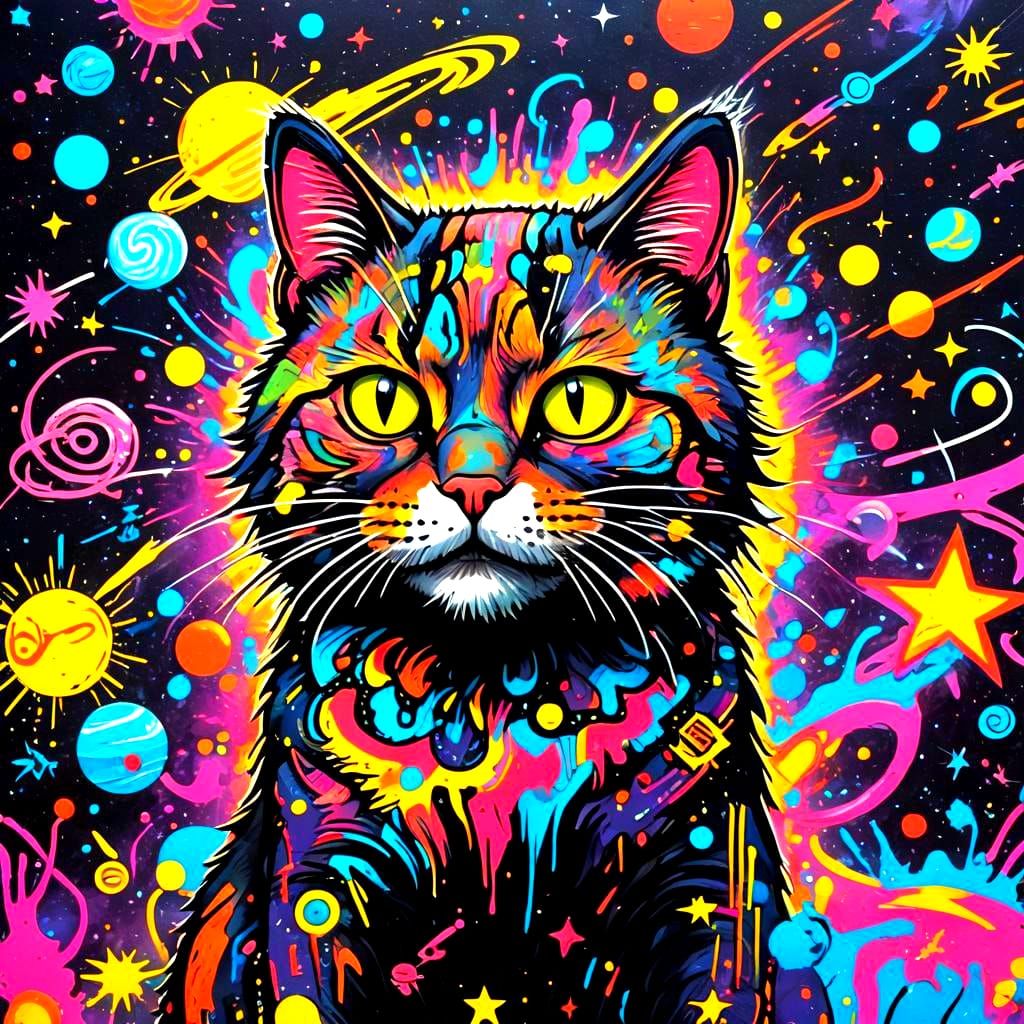 Colorful Galaxy Cat in Graffiti Street Art Style