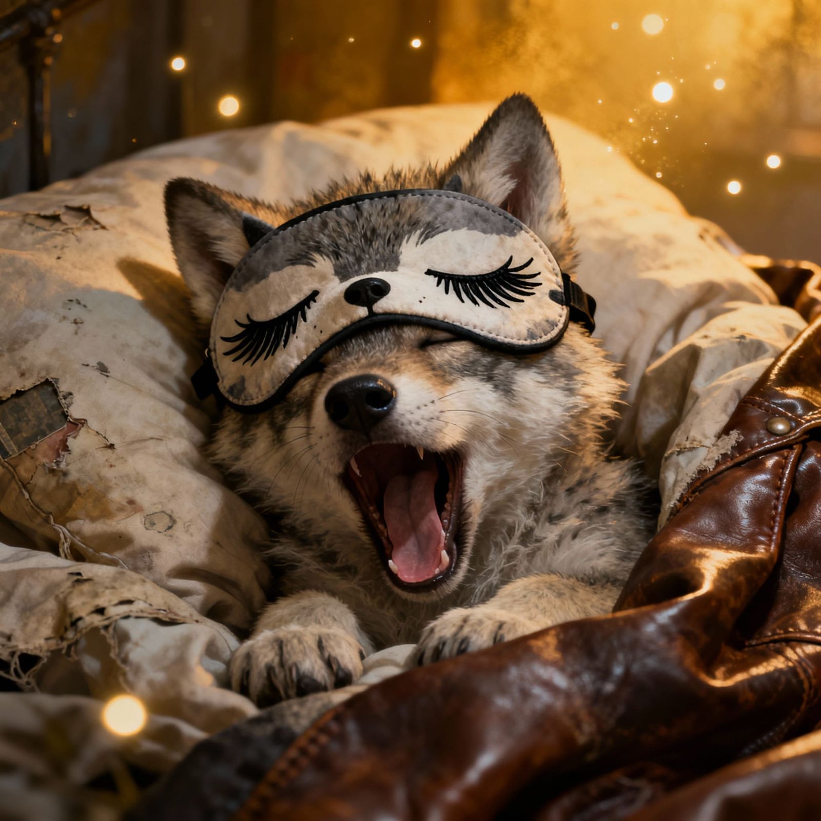 Baby Wolf in Cozy Bed with Whimsical Sleep Mask