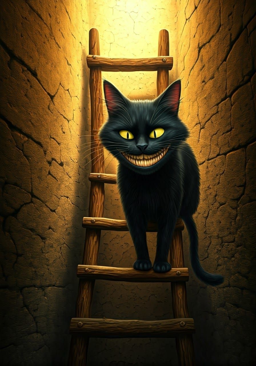 Mischievous Black Cat Topples Ladder in Noir Scene
