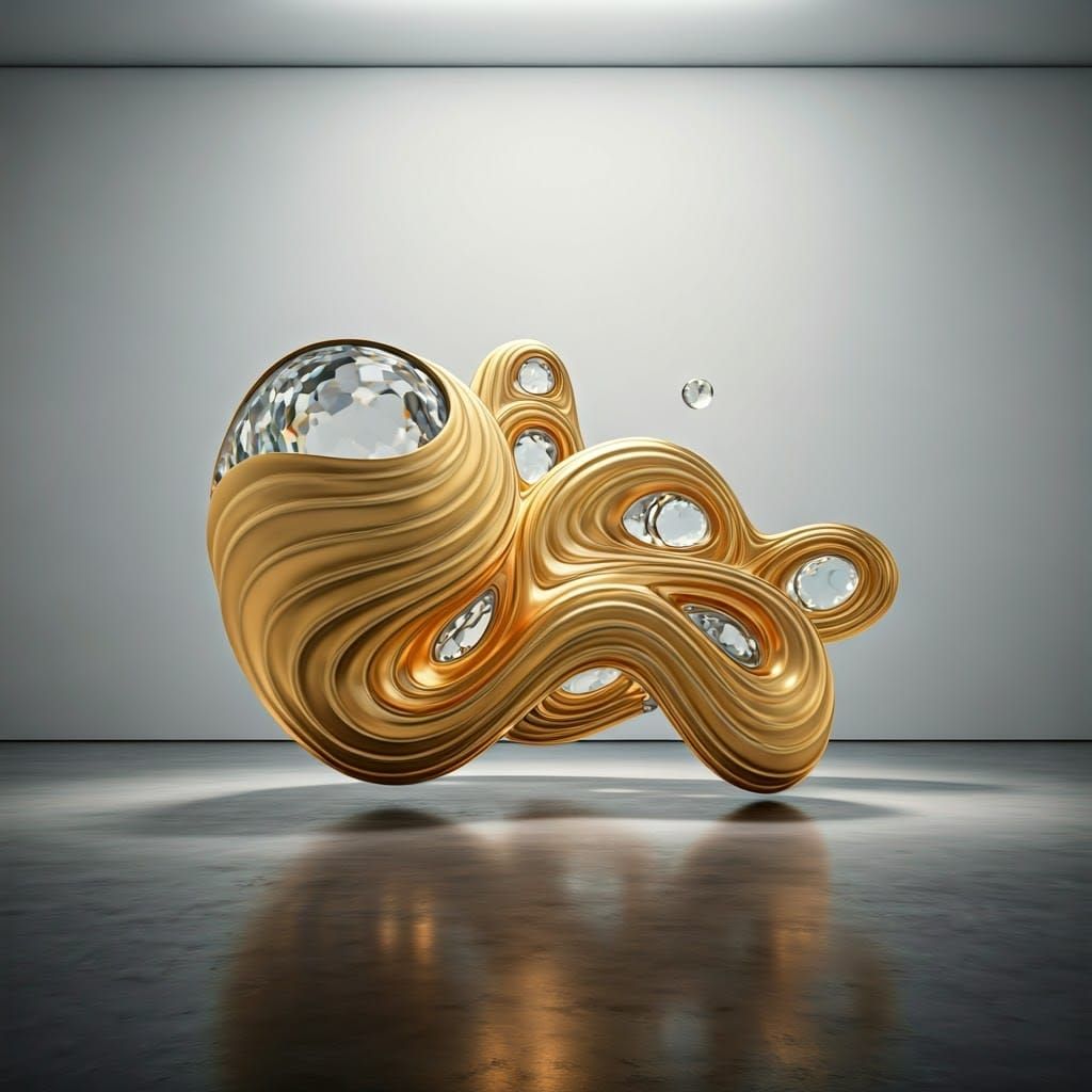 Sculpture in Elysian Gallery with Luminous, Golden Metal and...