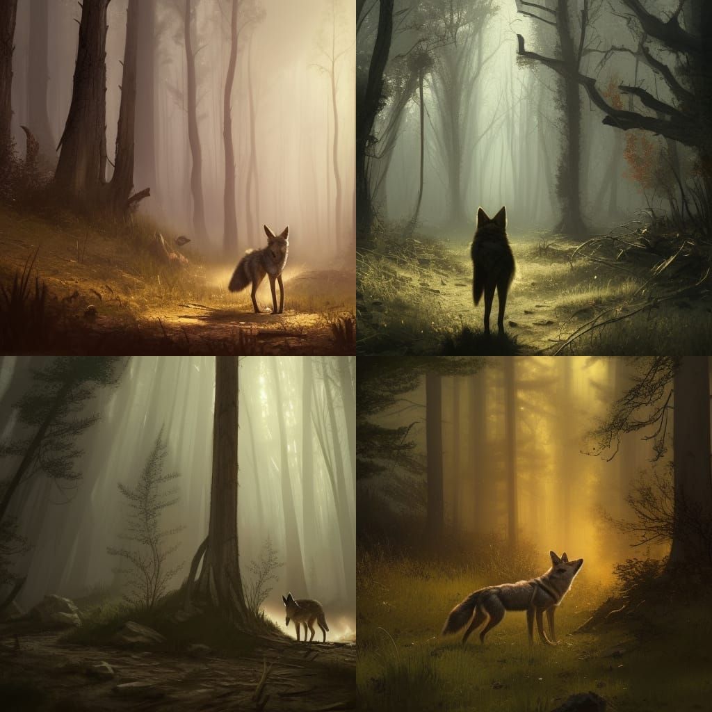 Anthropomorphic Coyote in Dark Fantasy Woods