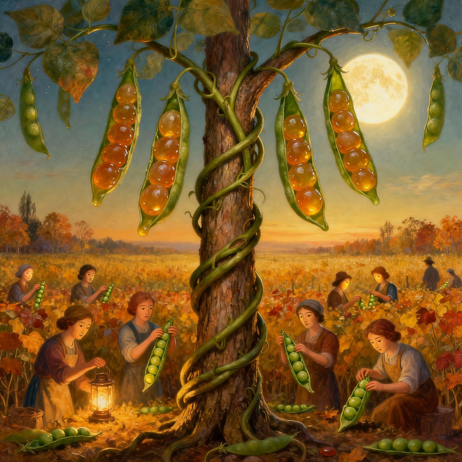 Autumn Harvest Scene Under Moonlit Sky