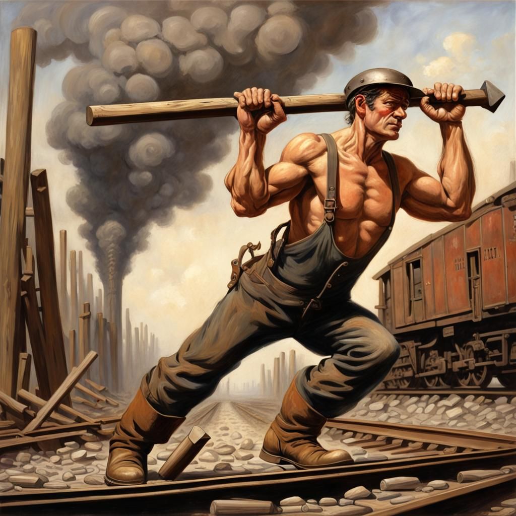 Hyperrealistic Railroad Worker Swinging Sledgehammer