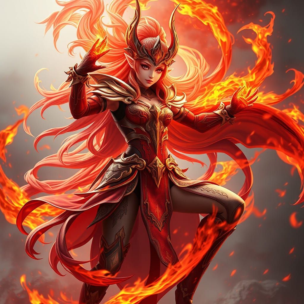Majestic Fire Elf in Molten Armor Amidst Blazing Flames