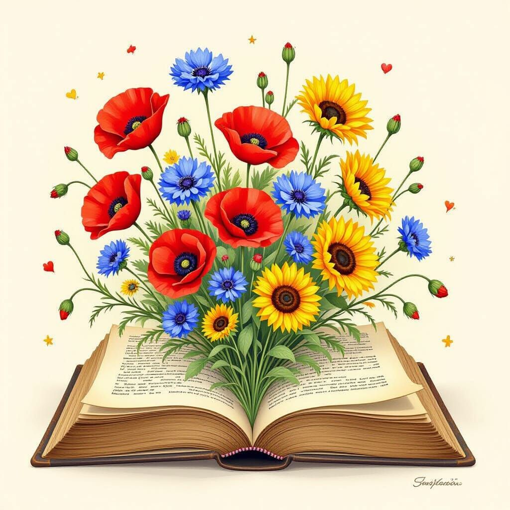 Wildflowers Bursting from Ancient Book, Whimsical Style