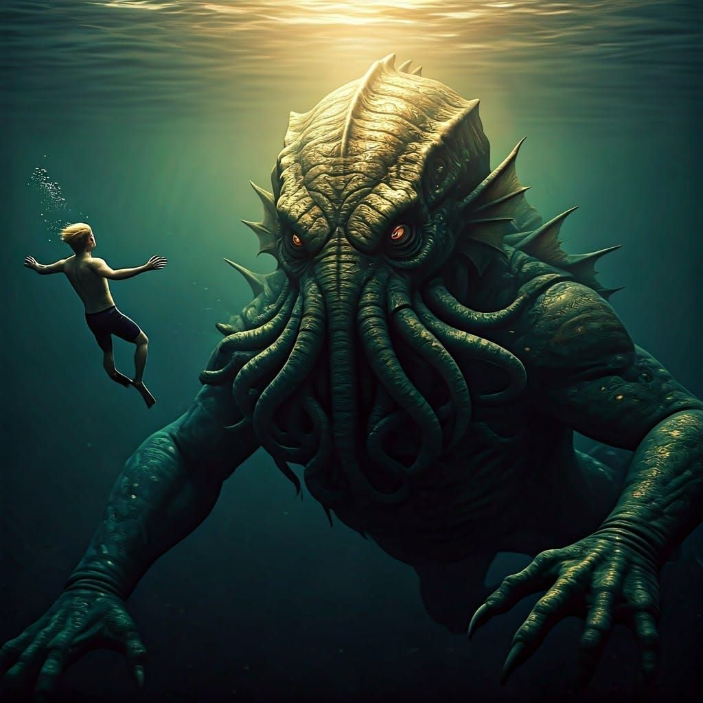 Eldritch Sea Monster Attacks Swimmer: Dark Surrealism