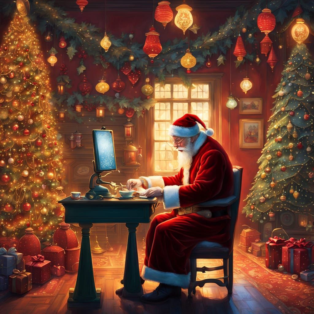 Santa Claus Works Late in a Cozy Nightcafe
