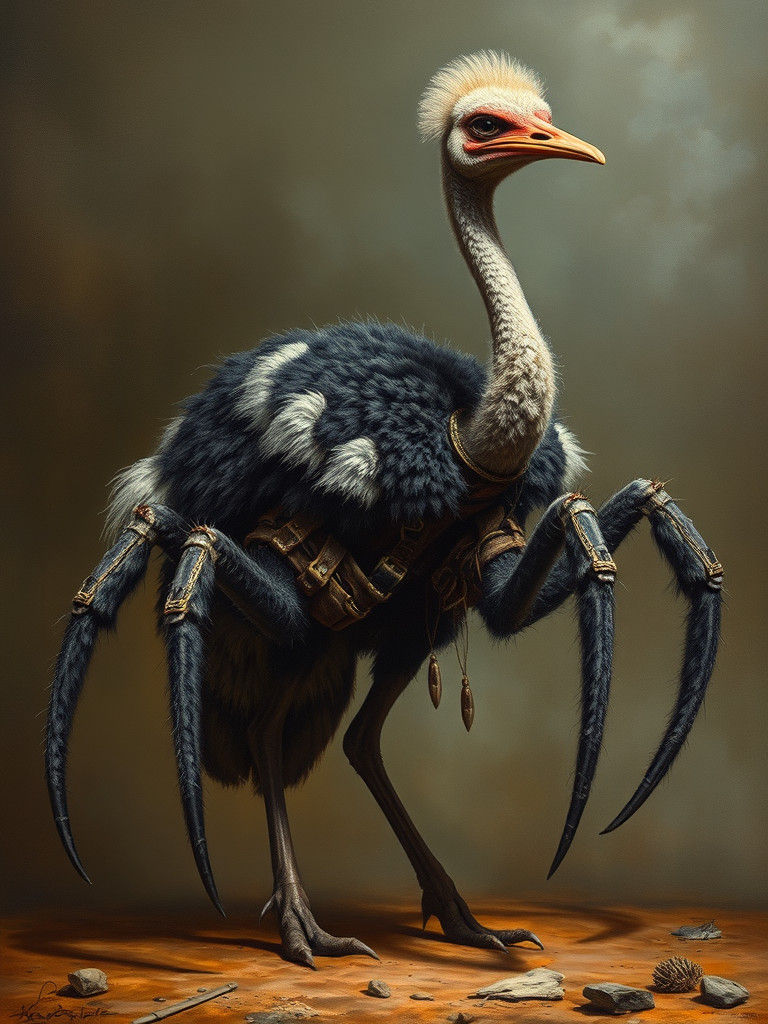 Surreal Ostrich-Tarantula Hybrid Ready for War