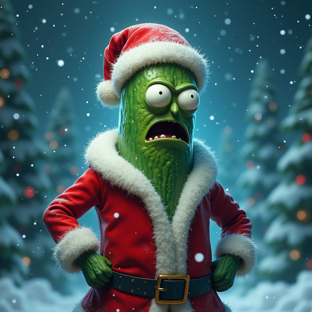Humanoid Pickle in Vibrant Santa Suit in Winter Wonderland