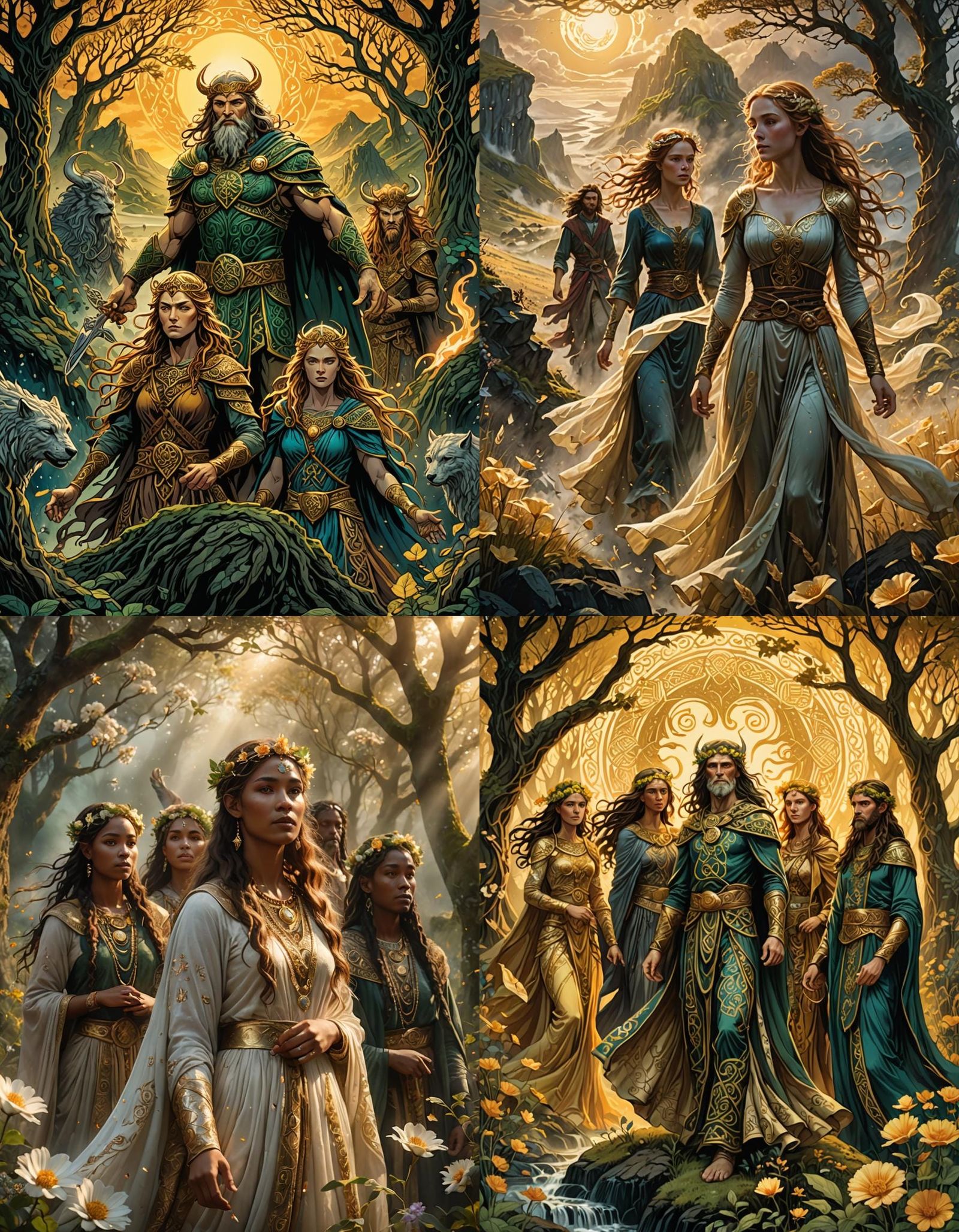 An ethereal group of the Tuatha Dé Danann, god-like beings from Celtic myth, gathered in a mystical, otherworldly landsc...