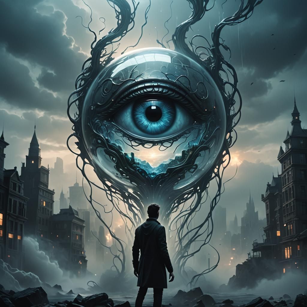 Glowing Glass 'A' with Brain and Eye in Dark Fantasy