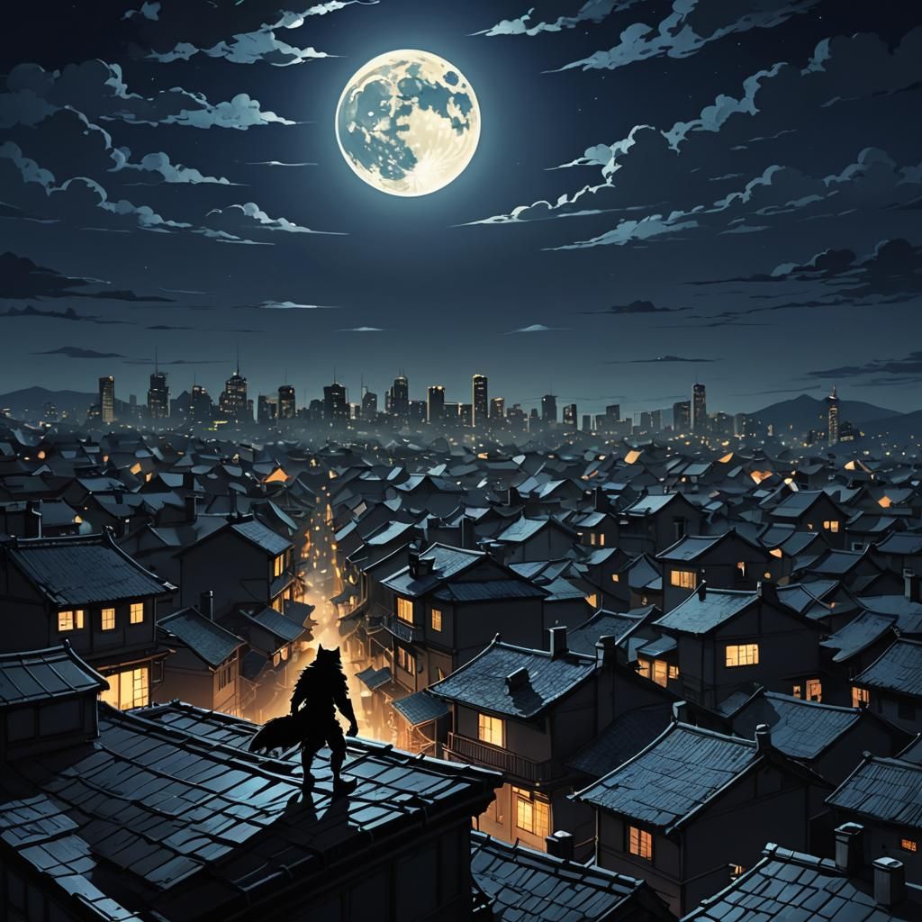 Werewolf Silhouette on City Rooftops in Anime Style