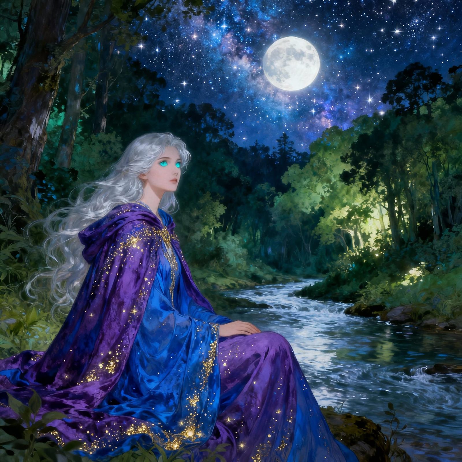Woman Gazing at Starry Night Sky in Enchanted Forest
