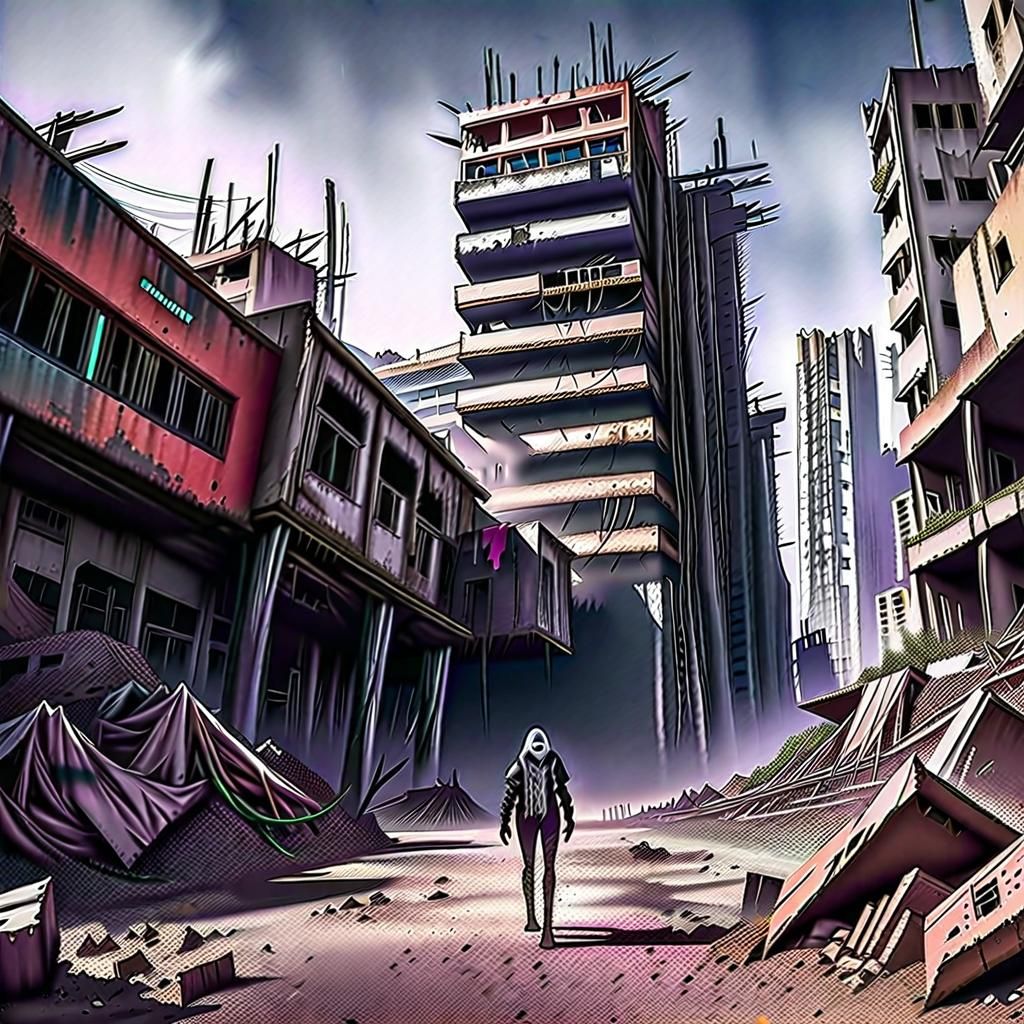 Anime Alien in Dystopian Sci-Fi Landscape