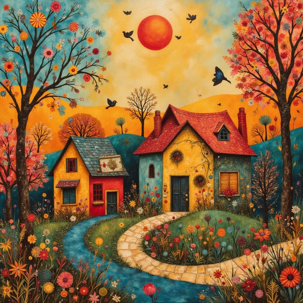 Whimsical Folk Village Life in Warm, Abstract Style
