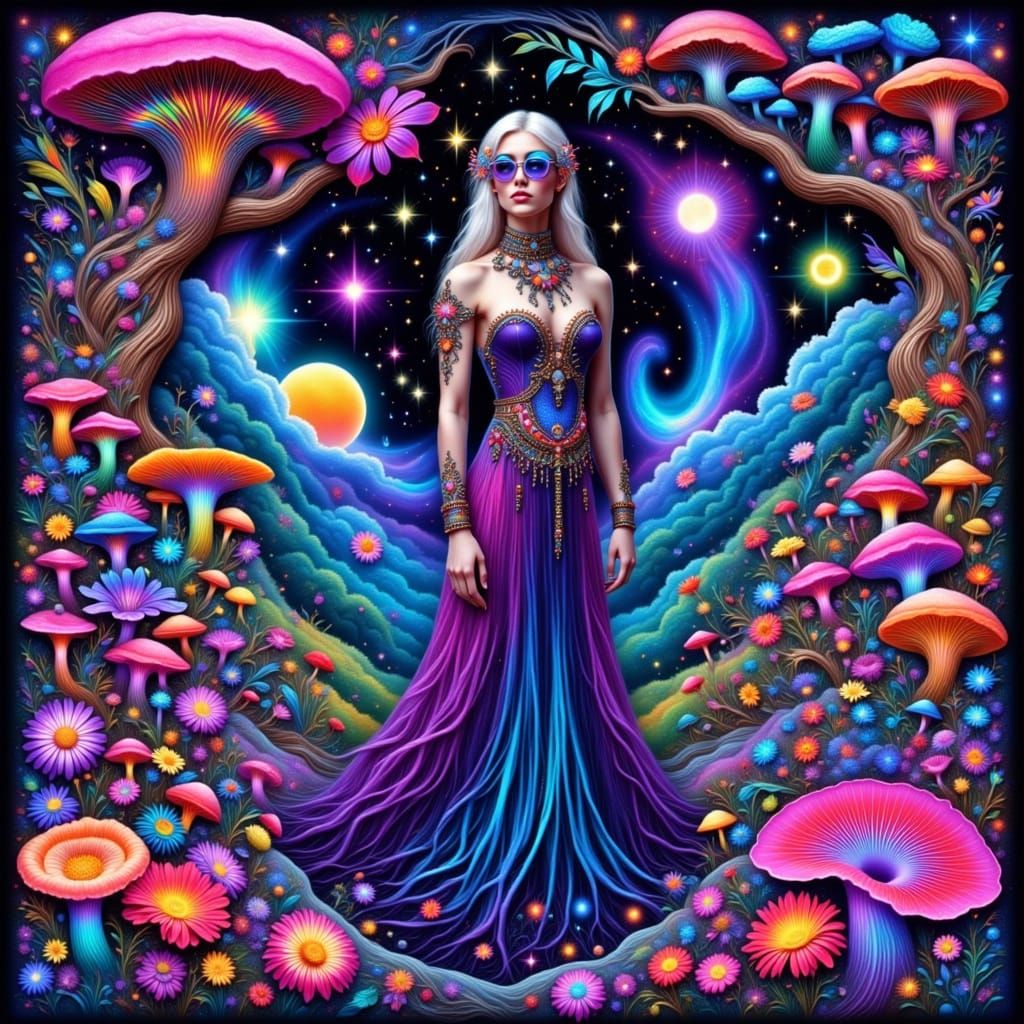 Psychedelic Garden with Woman in Android Jones Style