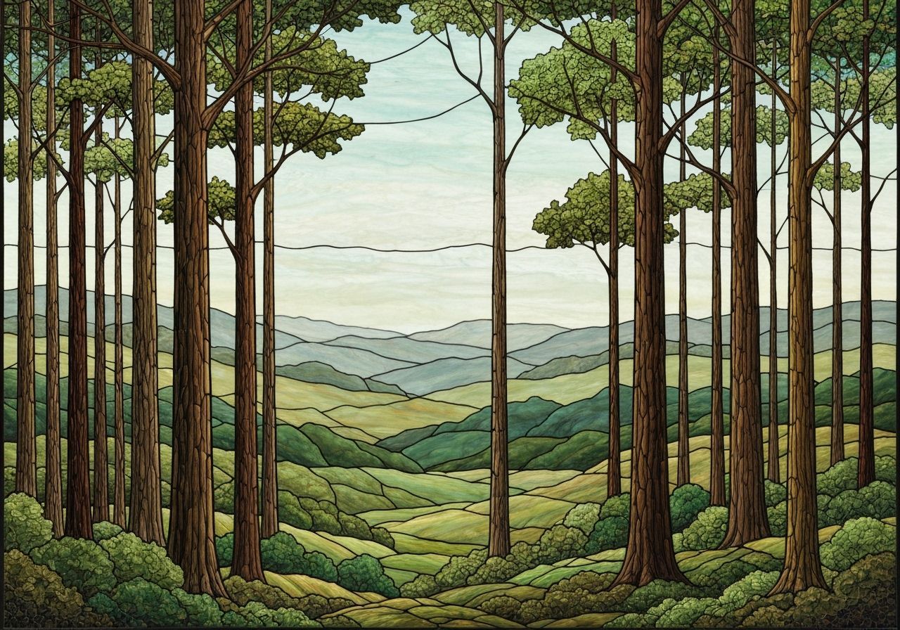 Serene Forest Landscape in Stained Glass Art Style