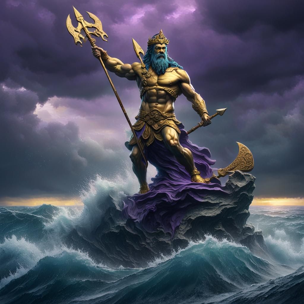 Poseidon Statue in Stormy Ocean, Dark Fantasy Art