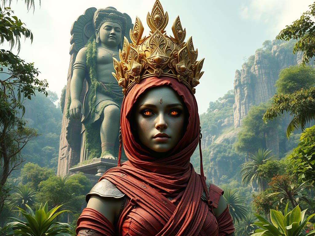 Ancient Green-Red Stone Deity Statue in Wild Steppe Jungle w...