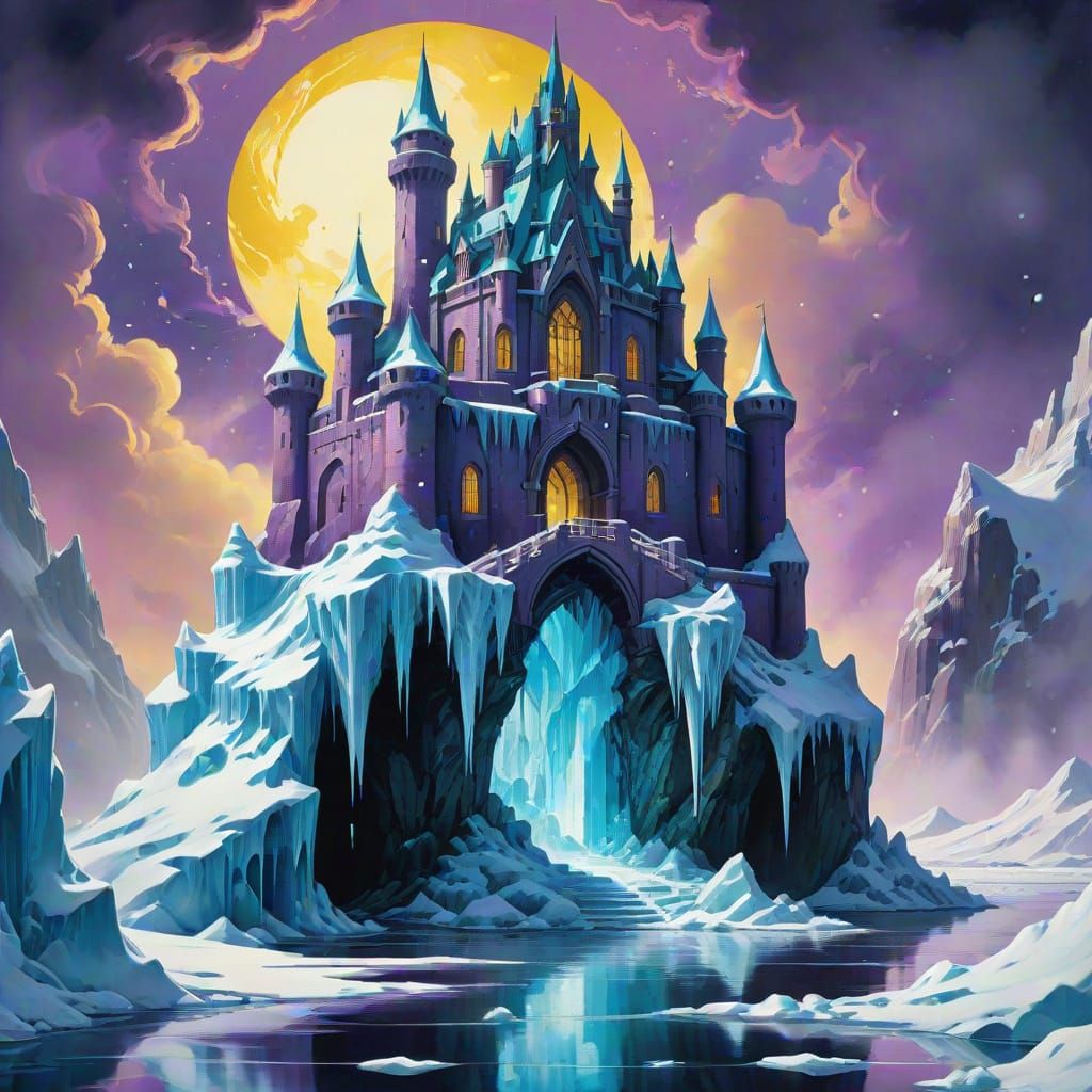 Ice Castle on Floating Iceberg in Snowstorm