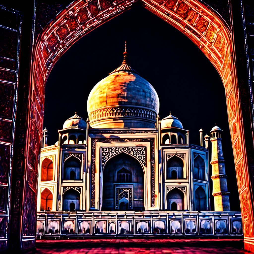 Neon Taj Mahal: Hyperrealistic Nighttime Wonder