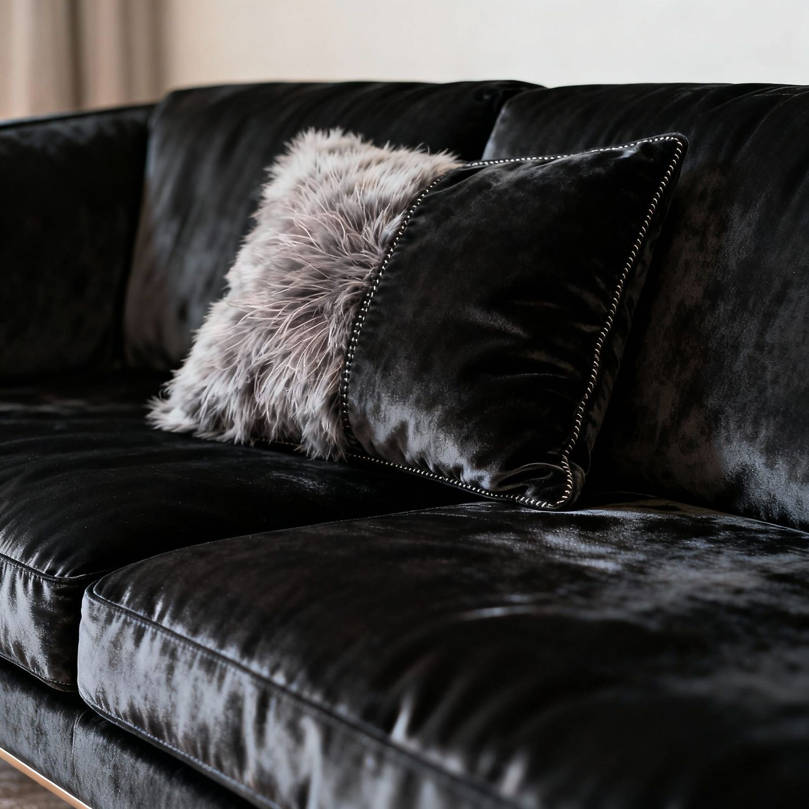 Luxurious Shiny Black Sofa with Fluffy Cushion