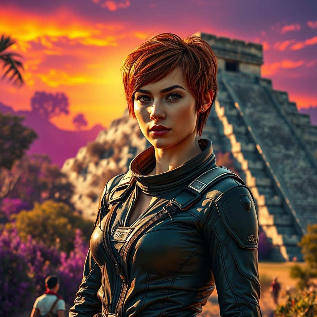 Determined Pilot in Ruined Mesoamerican Pyramid