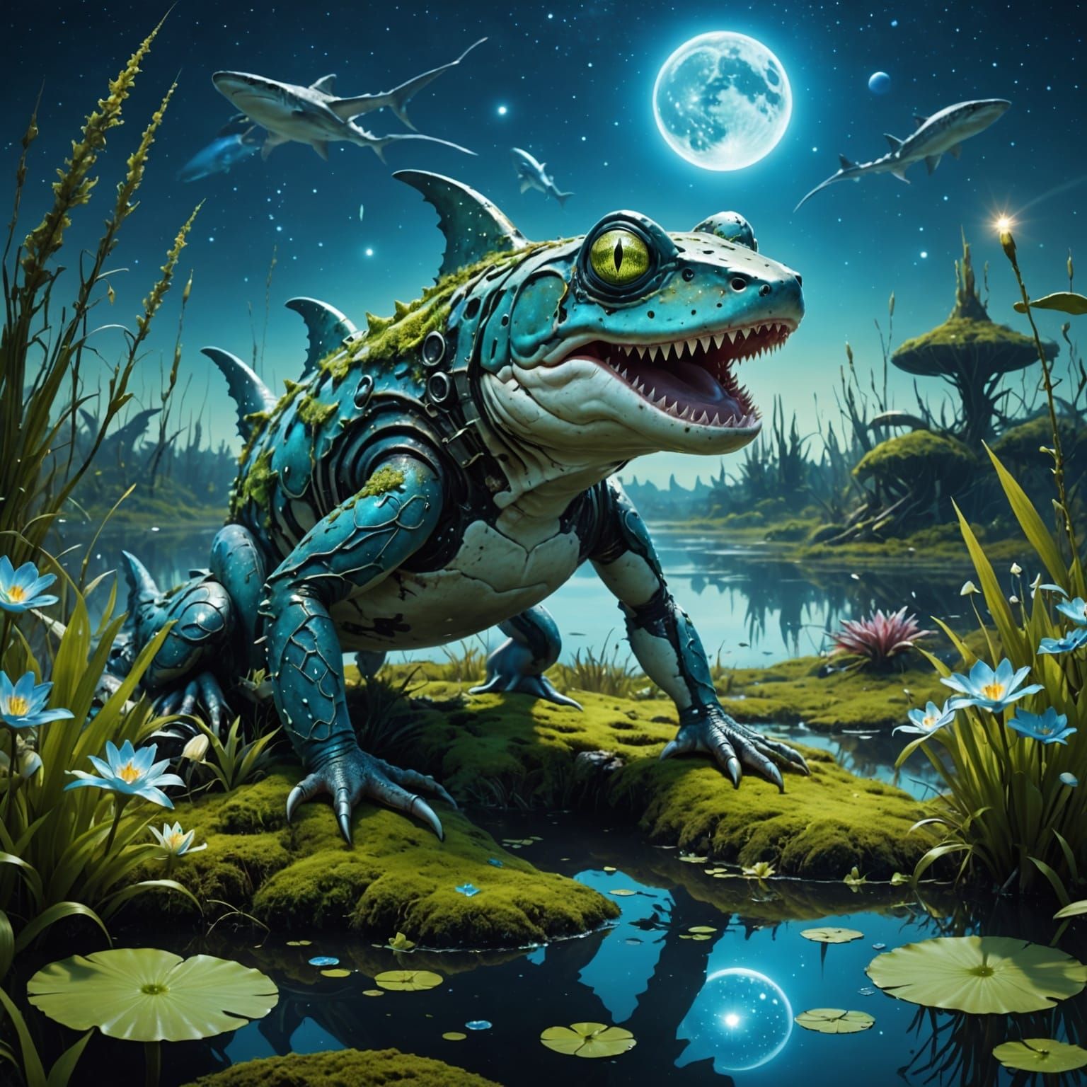 Surreal Galactic Marshlands with a Luminous Shark-Frog Hybri...