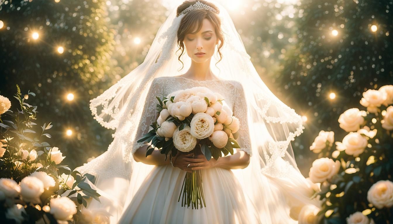 Beautiful Bride in Sunlit Garden: Photorealistic Film Still