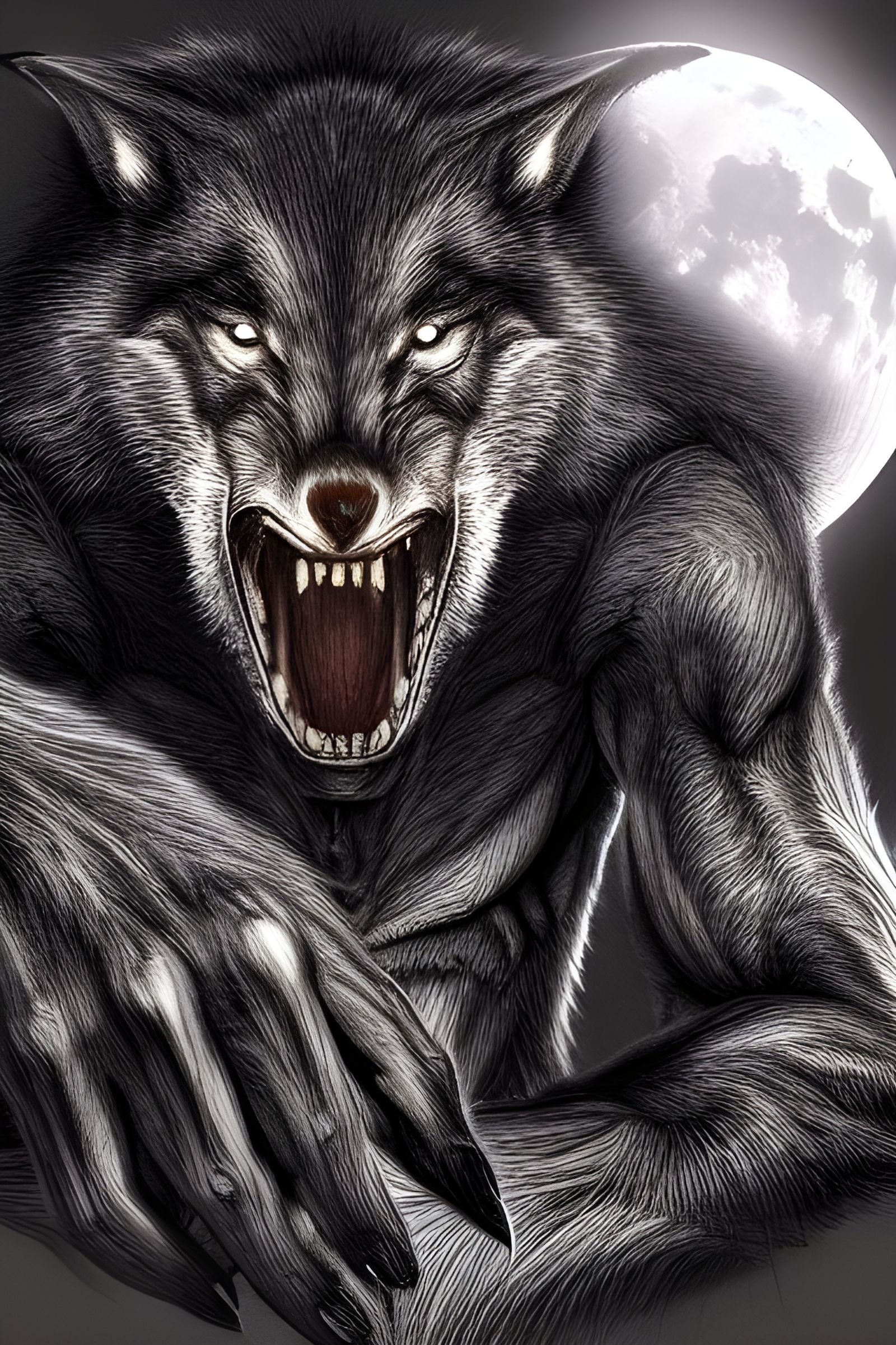 Hyperrealistic Werewolf Under Moon, Digital Illustration