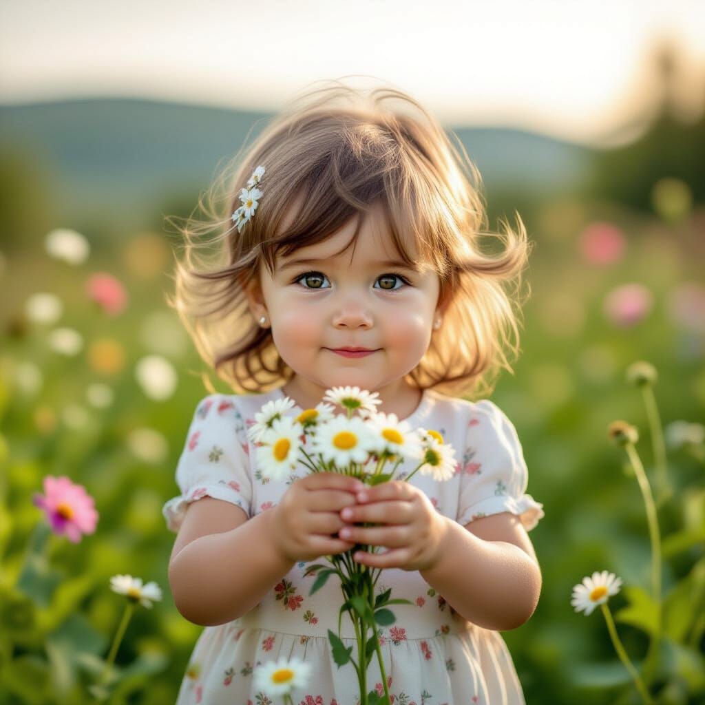 Child Picking Flowers in Pastoral Garden